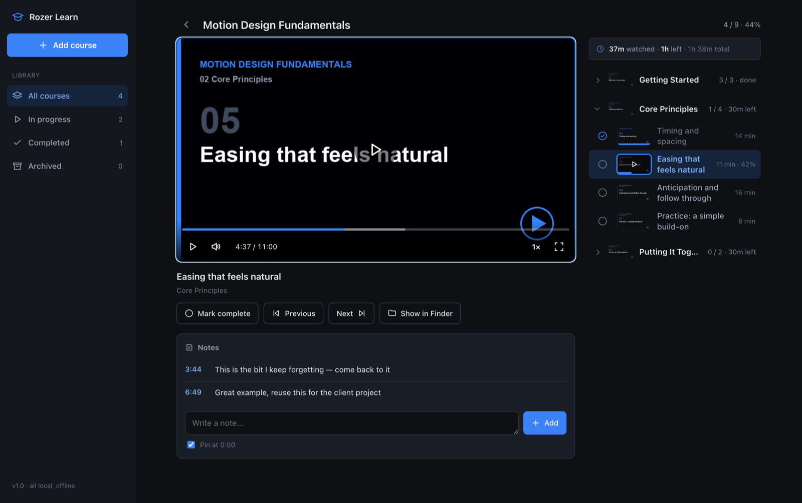The video player with a list of timestamped notes beside it