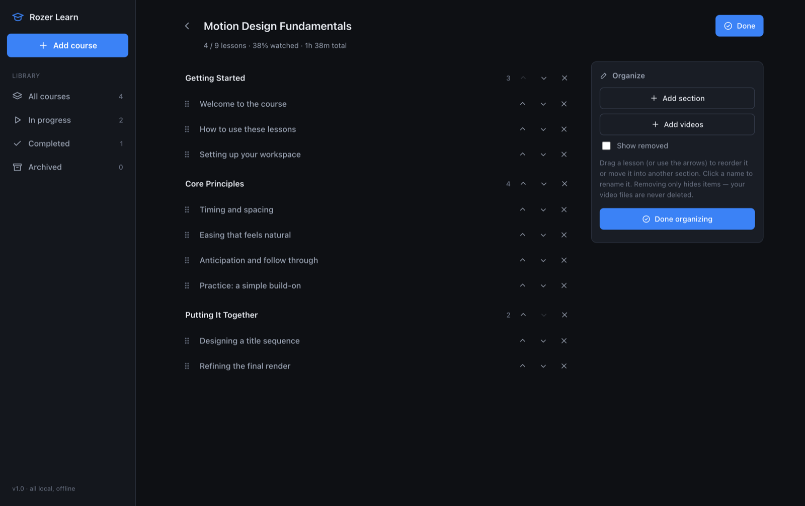 Organize mode, showing lessons being reordered and renamed